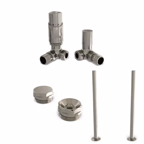 UK Radiators Talus Bold Modern Thermostatic Radiator Valve and Lockshield Set in Silver Nickel 1/2BSP 15mm