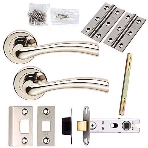 Loops Door Handle and Latch Pack in Polished Nickel with Flared Lever and Screwless Round Rose