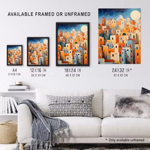 Artery8 Abstract Morocco Cityscape Unframed Wall Art Paper Poster in Orange and Blue – 3