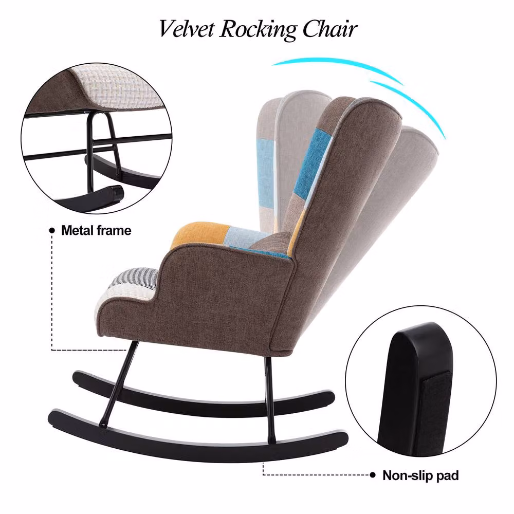 HomeMiYN Patchwork Rocking Chair with Brown Cushion and Vintage Multicolour Fabric Design – 3