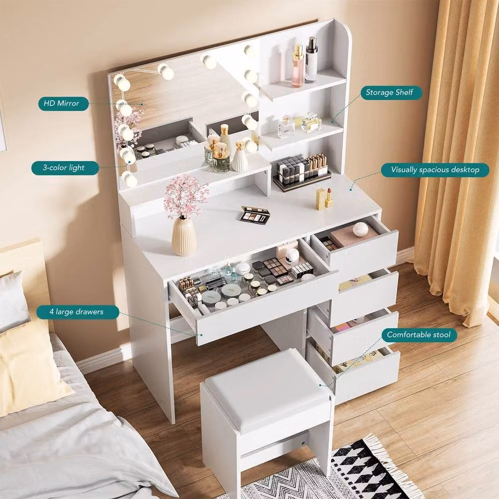 NESTLUNE Modern White Dressing Table with 5 Drawers and Hollywood LED Mirror Set, W: 100 cm, D: 15 cm – 3