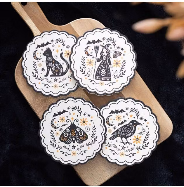 KDMD Frightful Folk Round Coaster Set of 4 in Black and Multicolour