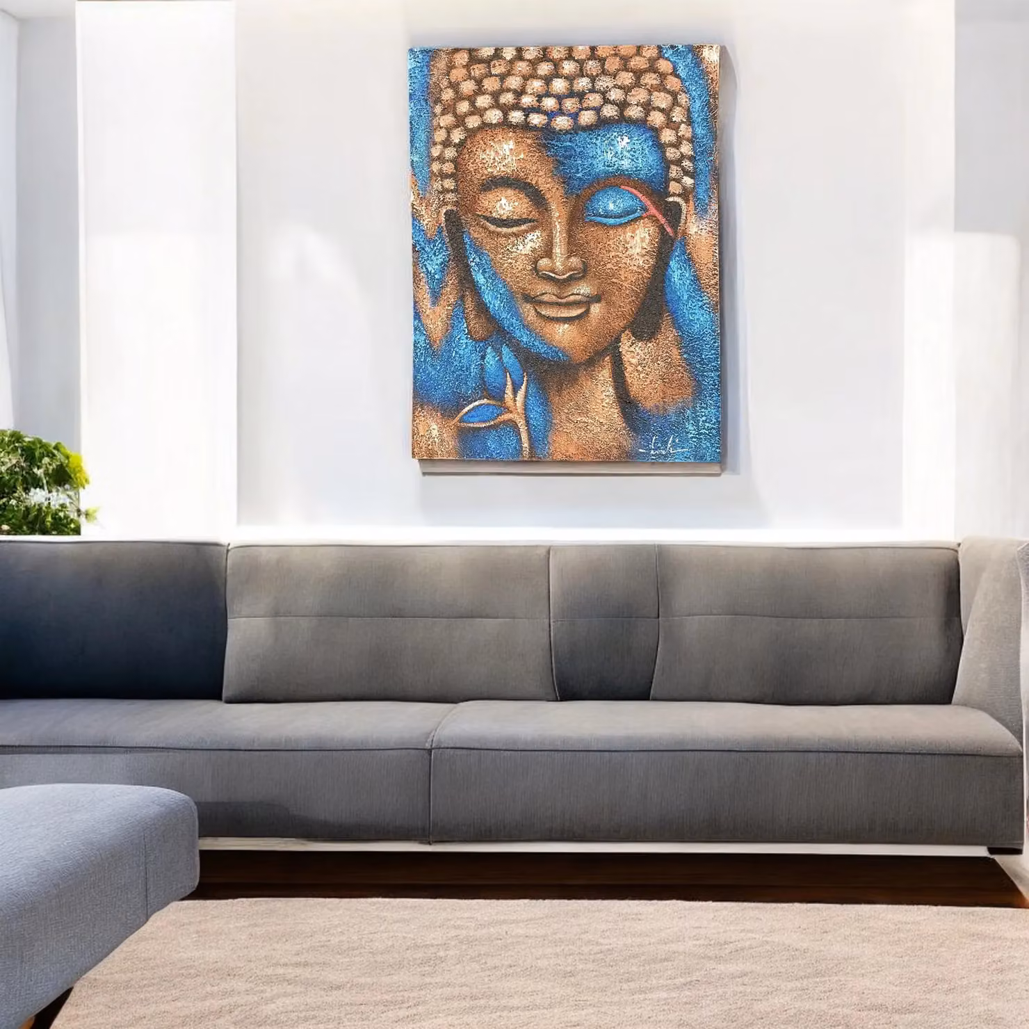 KDMD Buddha Painting with Blue and Bronze Floral Design, W: 75 cm, H: 55 cm – 2