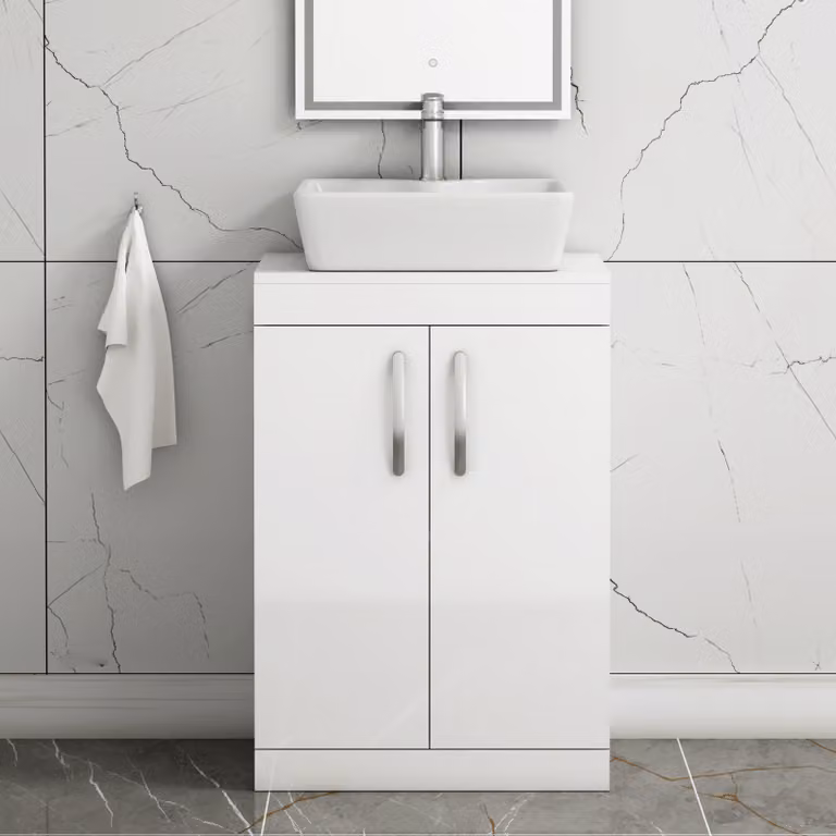 Royal Bathrooms Cube 600mm Gloss White Floor Standing 2 Door Vanity Unit with Countertop Basin