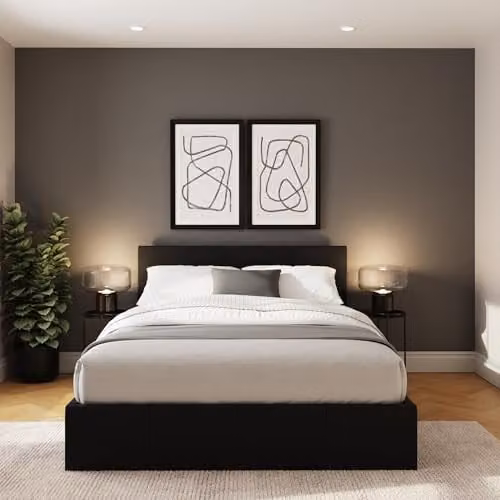 GFW Modern Upholstered Fabric Ottoman Bed Frame with Lift Up Base in Black or Grey, W/D/H: 151.0 x 140 x 200.98 cm – 1