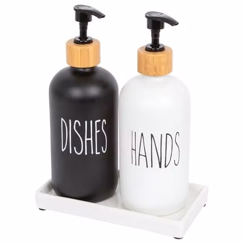 Harbour Housewares 2 Piece Glass Hand and Dish Soap Dispenser Set with Ceramic Tray, 500ml, White and Black