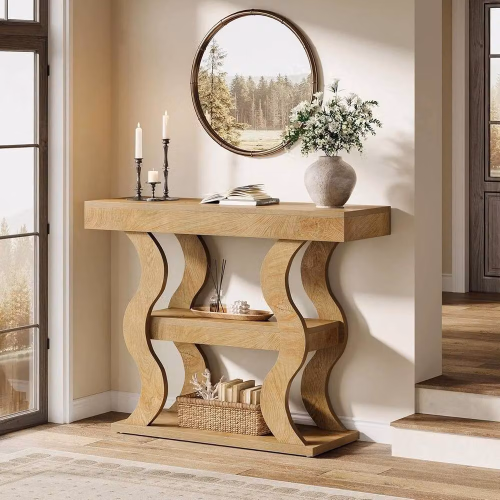 VOGREX 3-Tier Narrow Wood Console Table in Beige – 3