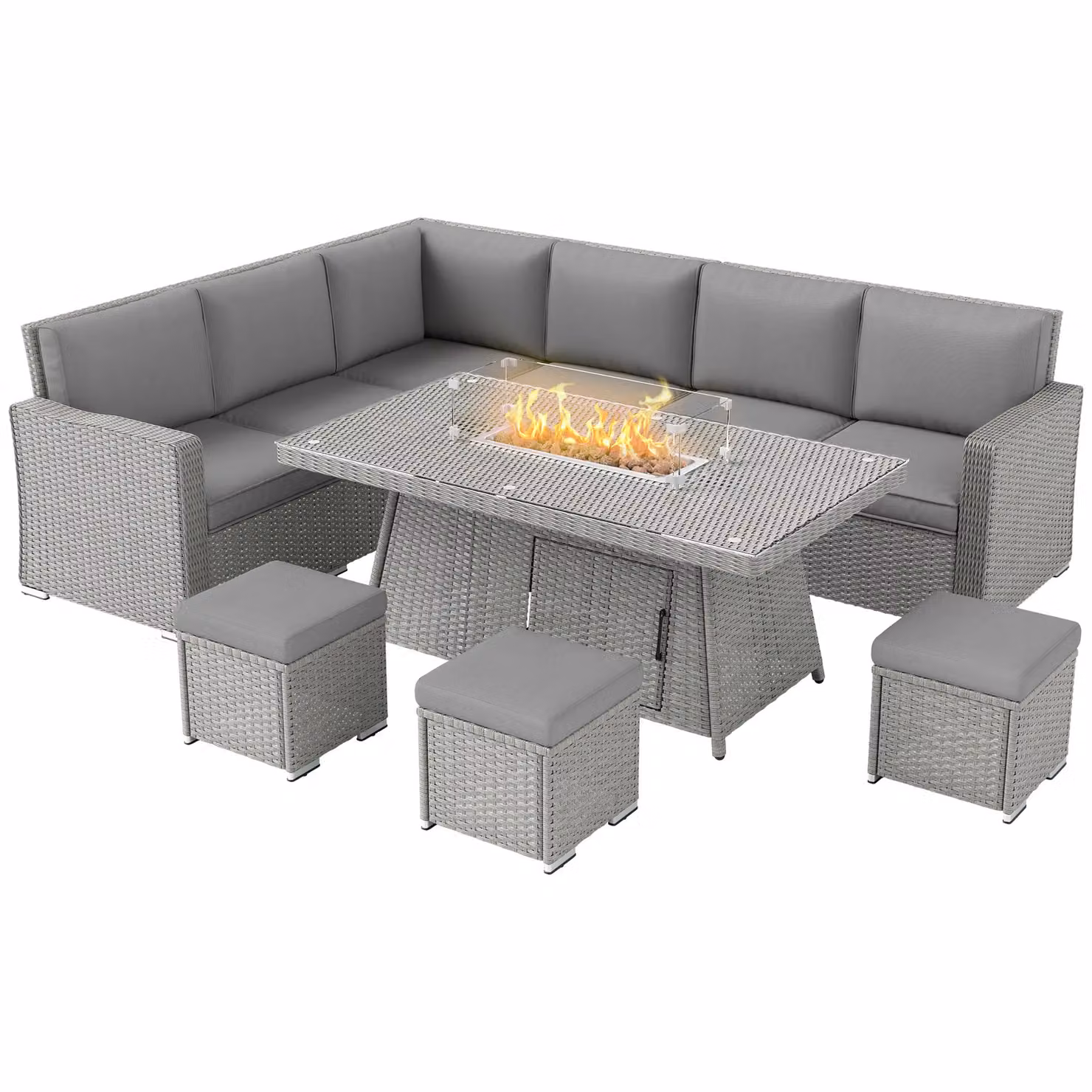 OUTSUNNY 7 Piece Grey Polyrattan Garden Furniture Set with 50,000 BTU Fire Pit Table and Upholstered Cushions – 2