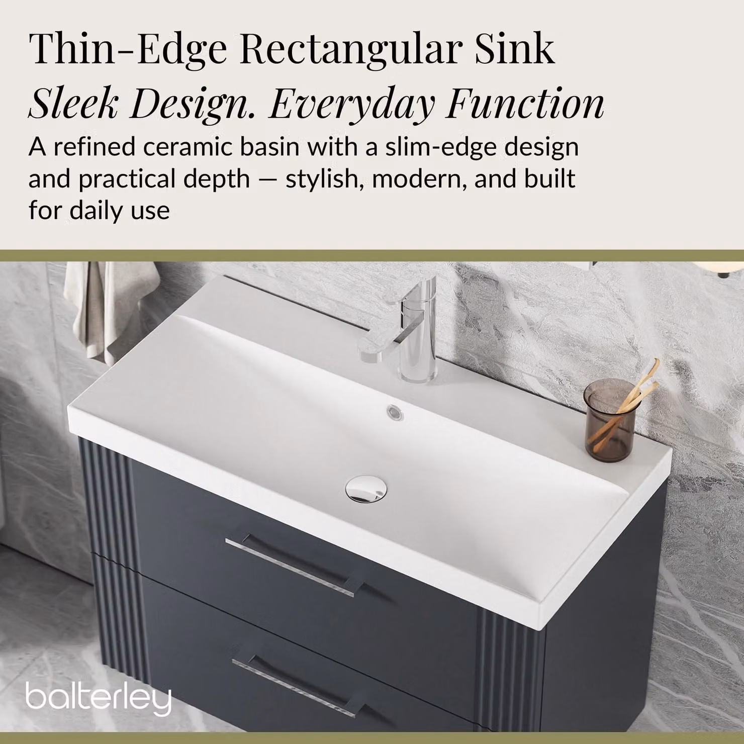 Balterley Wall Hung 2 Drawer Vanity Unit with Thin-Edge Basin, Dark Grey, W: 80 cm, D: 55 cm – 3