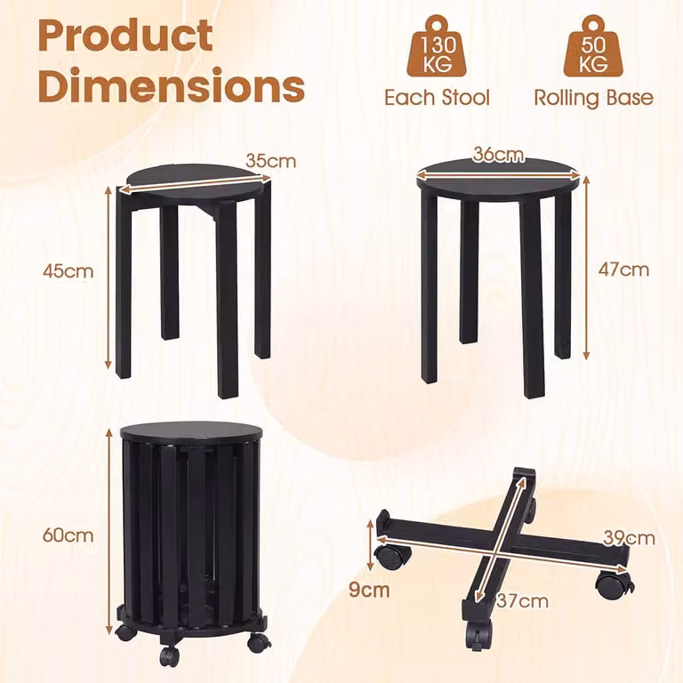 Costway Set of 4 Stackable Wooden Nesting Dining Stools with Rolling Base in Black
