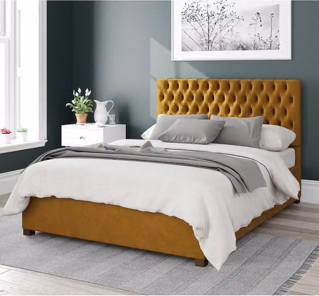 Aspire Nightingale Upholstered Ottoman Storage Bed in Yellow Plush Velvet, W/D/H: 180 x 200 cm – 1