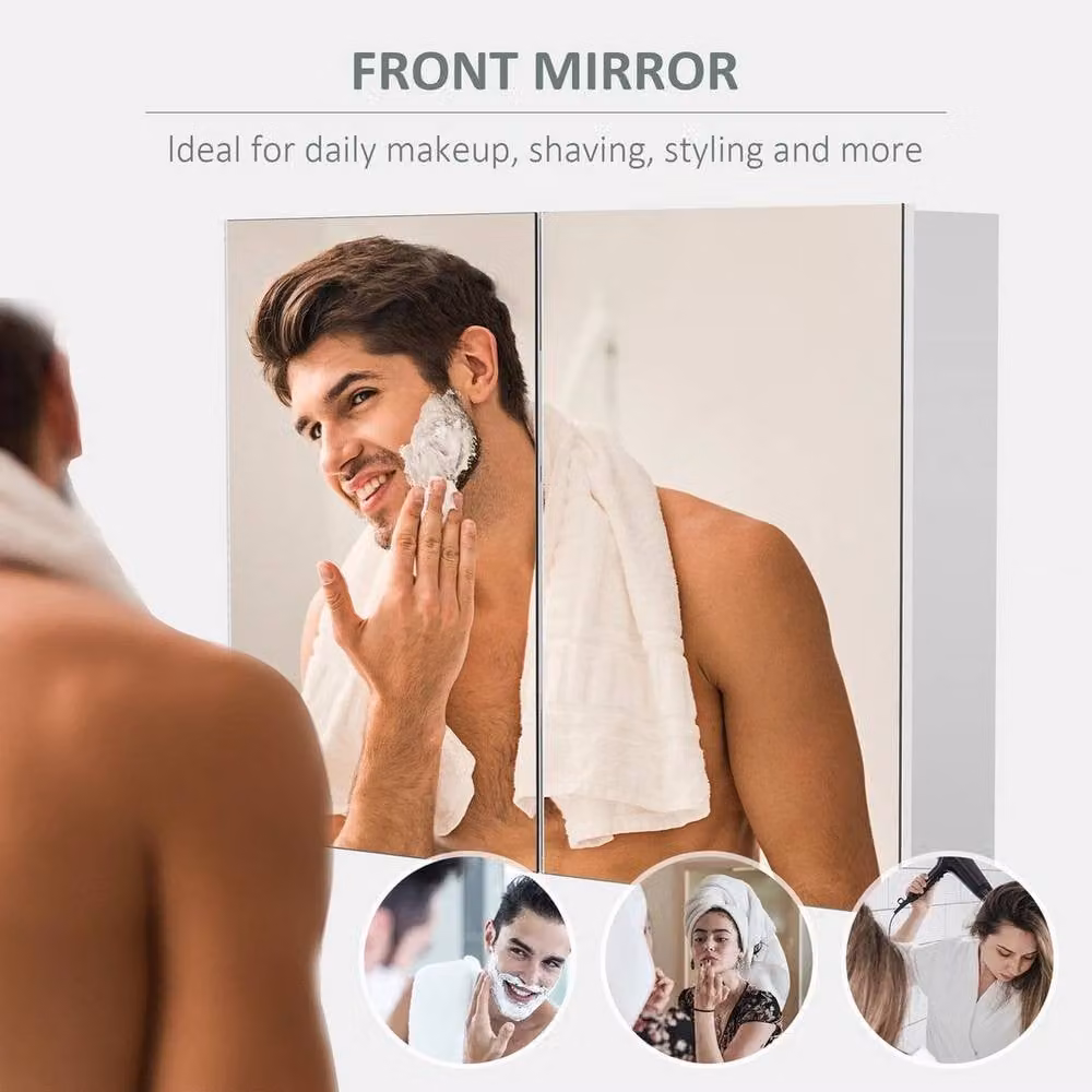 FORGEVIO White Wall Mounted Bathroom Mirror Cabinet with Glass Doors, H 80 x W 60 x D 15 cm – 2