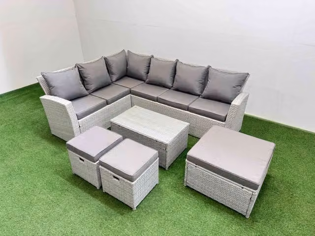 Fimous 9 Seater Corner Garden Sofa Set with Coffee Table and 3 Stools in Light Grey