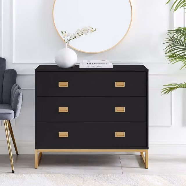 Melody Maison Elle Black Large 3 Drawer Chest of Drawers with Gold Accents