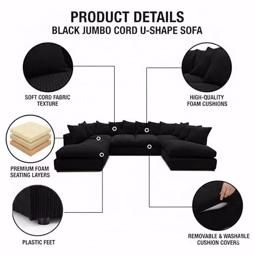 Bliss Furniture Jumbo Cord U-Shaped Scatter Back Sofa in Black with Removable Covers and Scatter Cushions – 2