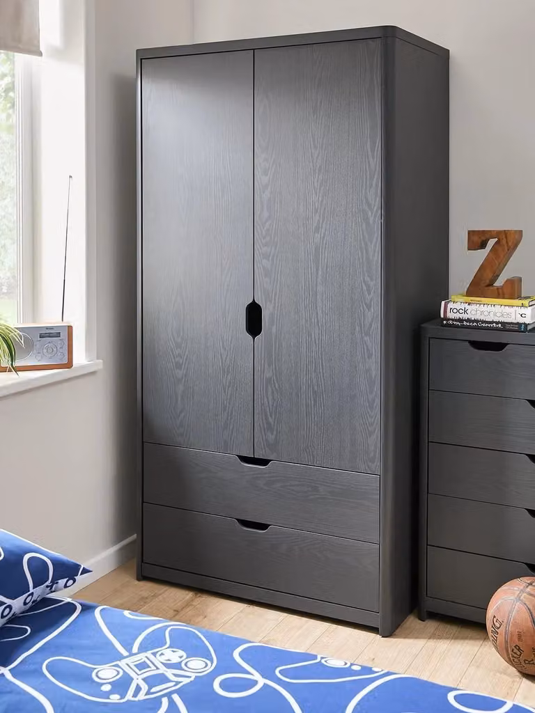 Very Home Modern Grey Childrens Wardrobe with Hinged Doors and Internal Drawers H 175 x W 85 x D 53 cm