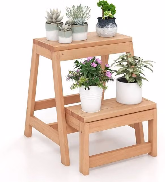 FORGEVIO 2-Tier Wooden Plant Stand and Folding Step Stool in Natural Brown