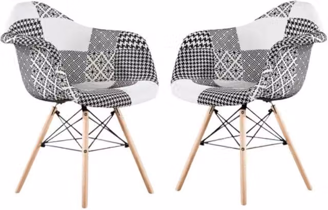 Life Interiors Set of 2 Chrono Patchwork Eiffel Tub Dining Chairs in Black, White and Multicolour with Wooden Legs and Metal Frame