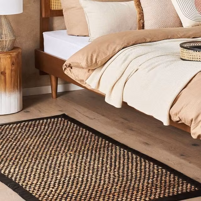 Wyld and Coco Handwoven Jute and Cotton Checkerboard Rug in Black and Beige with Leather Accents, W: 80 cm, L: 150 cm – 1