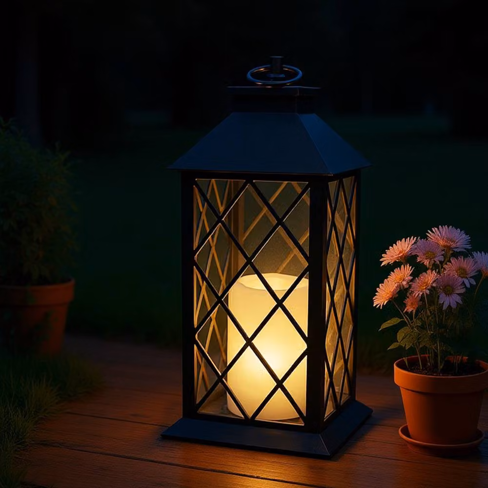 Bright Zeal Set of 2 Black Vintage Hanging Lanterns with LED Flicker Pillar Candles and Timer, Height: 34 cm – 3