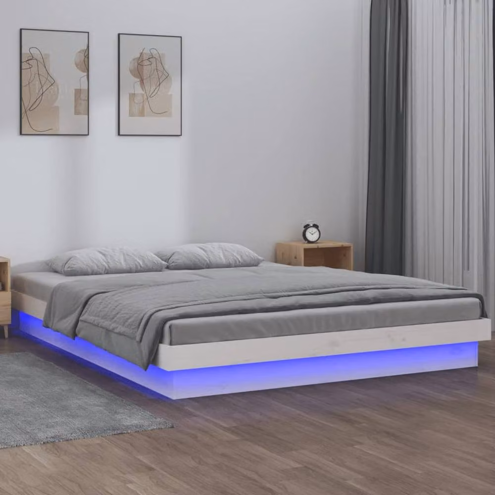Berkfield Home Solid Wood Small Double LED Bed Frame in White with Under-Bed Lighting and USB Charging Port, W/D/H: 120 x 200 cm – 2