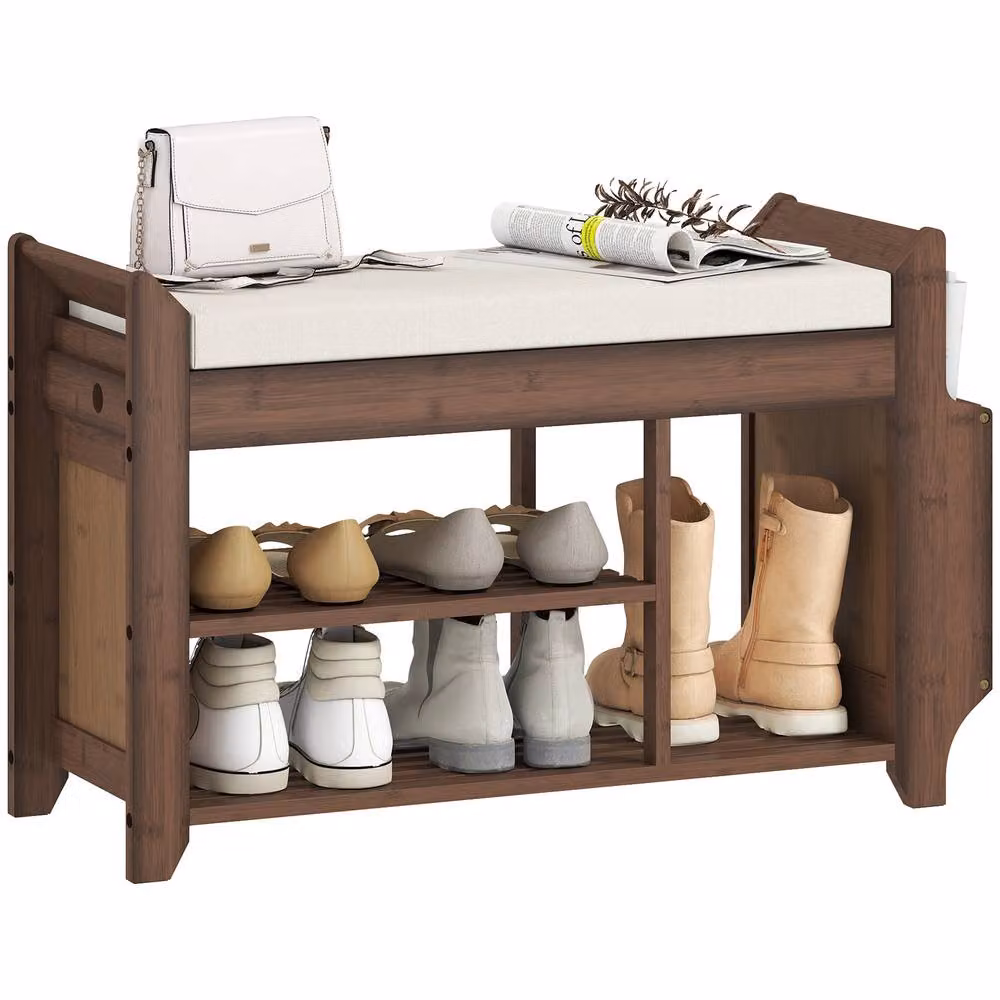 STILVORA Modern Brown Shoe Bench and Hallway Shoe Rack with 2 Tiers – 3
