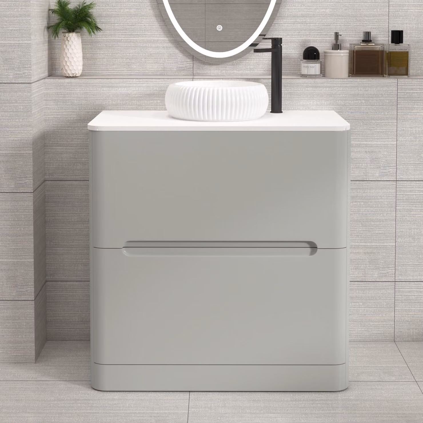 Royal Bathrooms Venice 800mm Floor Standing Vanity Unit in Dove Grey with 2 Drawers, Plain White Worktop and Milan Basin