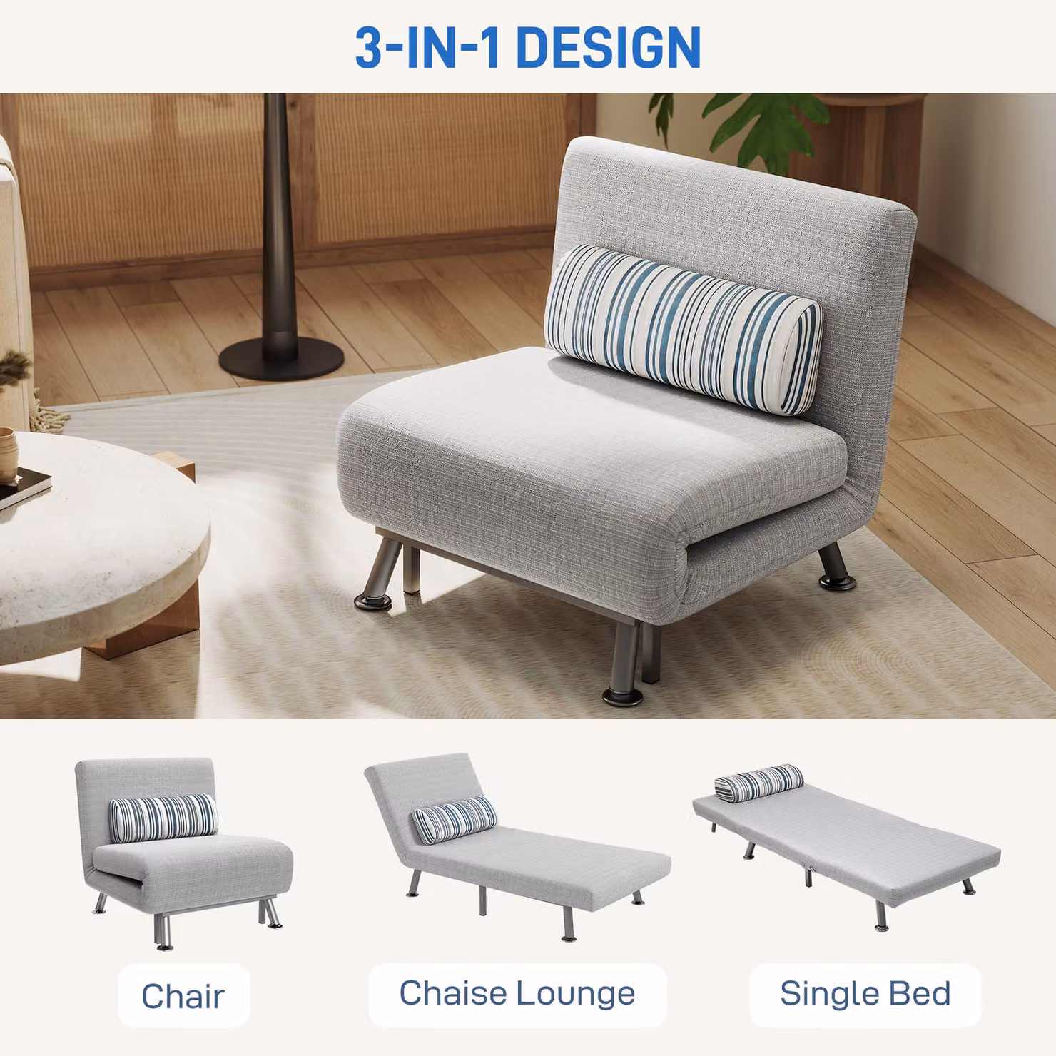 HOMCOM Single Sofa Bed with Pillow, Grey Foldable Fabric Sleeper with Metal Frame – 3