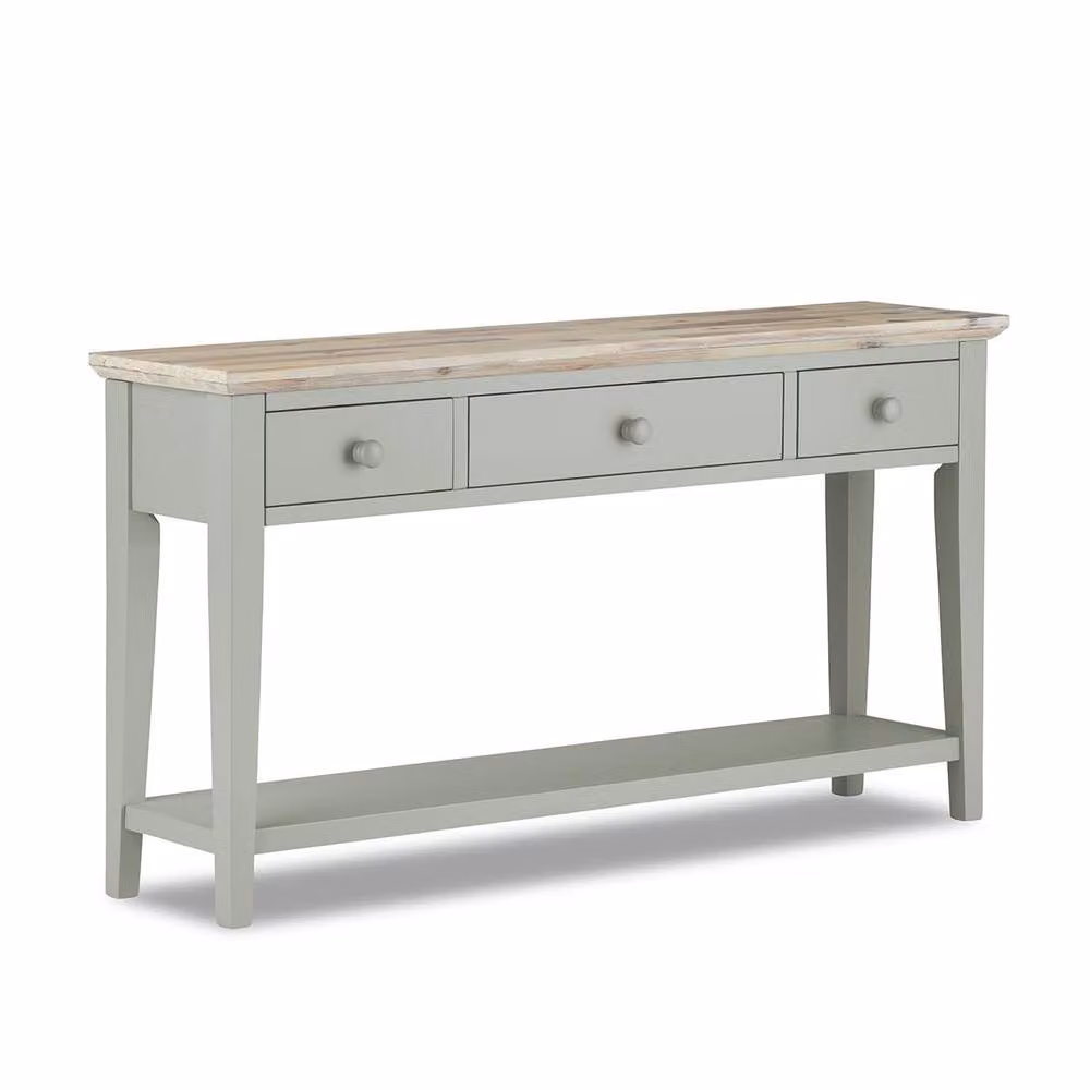 Statement Furniture Florence Console Table with 3 Drawers and Shelf in Green with Acacia Top, W/D/H: 143 x 32.5 x 76 cm – 3