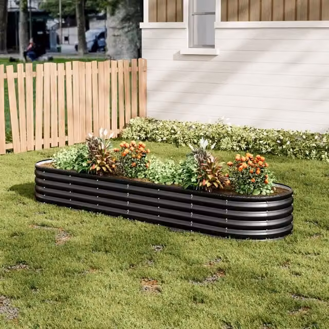Lifeideas Anthracite Oval Metal Raised Flower Bed with 3 Support Rods