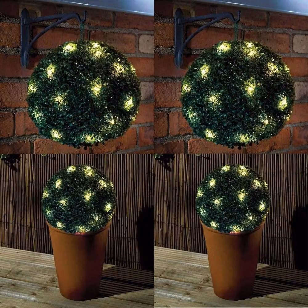 FLAVORA Green Solar Topiary Ball with 20 Warm White LED Flower Lights, Diameter: 28 cm – 2