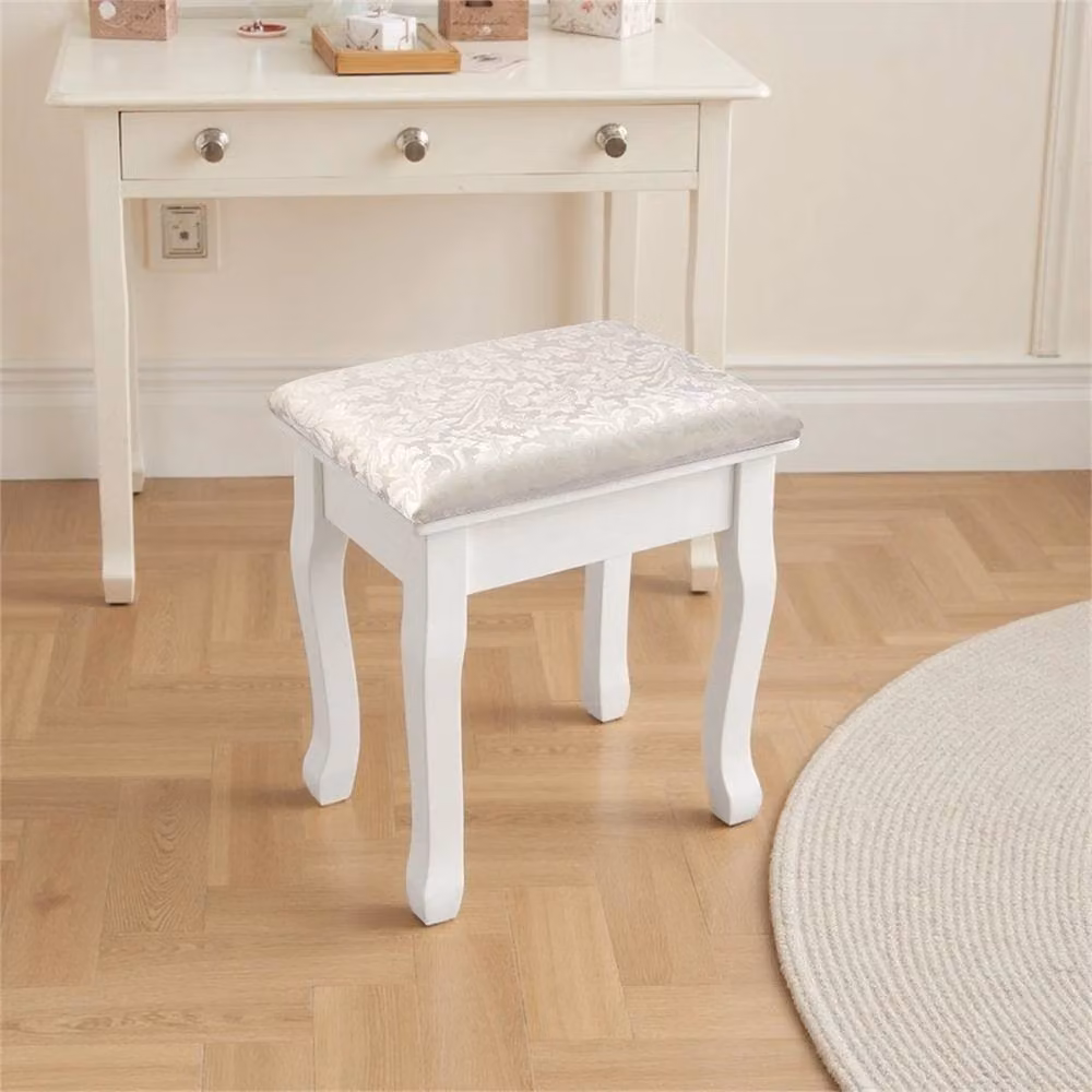 Nordara White Padded Baroque Dressing Stool with Floral Fabric and Wood Frame, W/D/H: 41 x 40 x 45 cm – 2