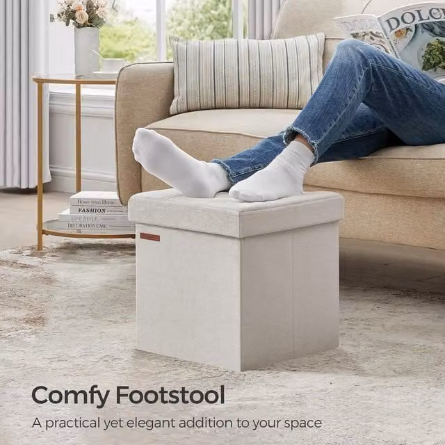 SONGMICS Small Square Foldable Storage Ottoman Foot Rest in Beige Velvet Fabric