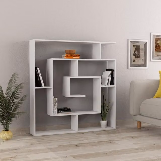 FWStyle Modern Maze Inspired Geometric Bookcase Room Divider Shelving Unit in Matt White