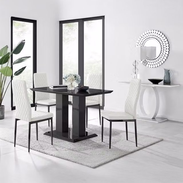 FurnitureboxUK Imperia White Rectangular Glass Dining Table and 4 Milan Black Faux Leather Chairs Set