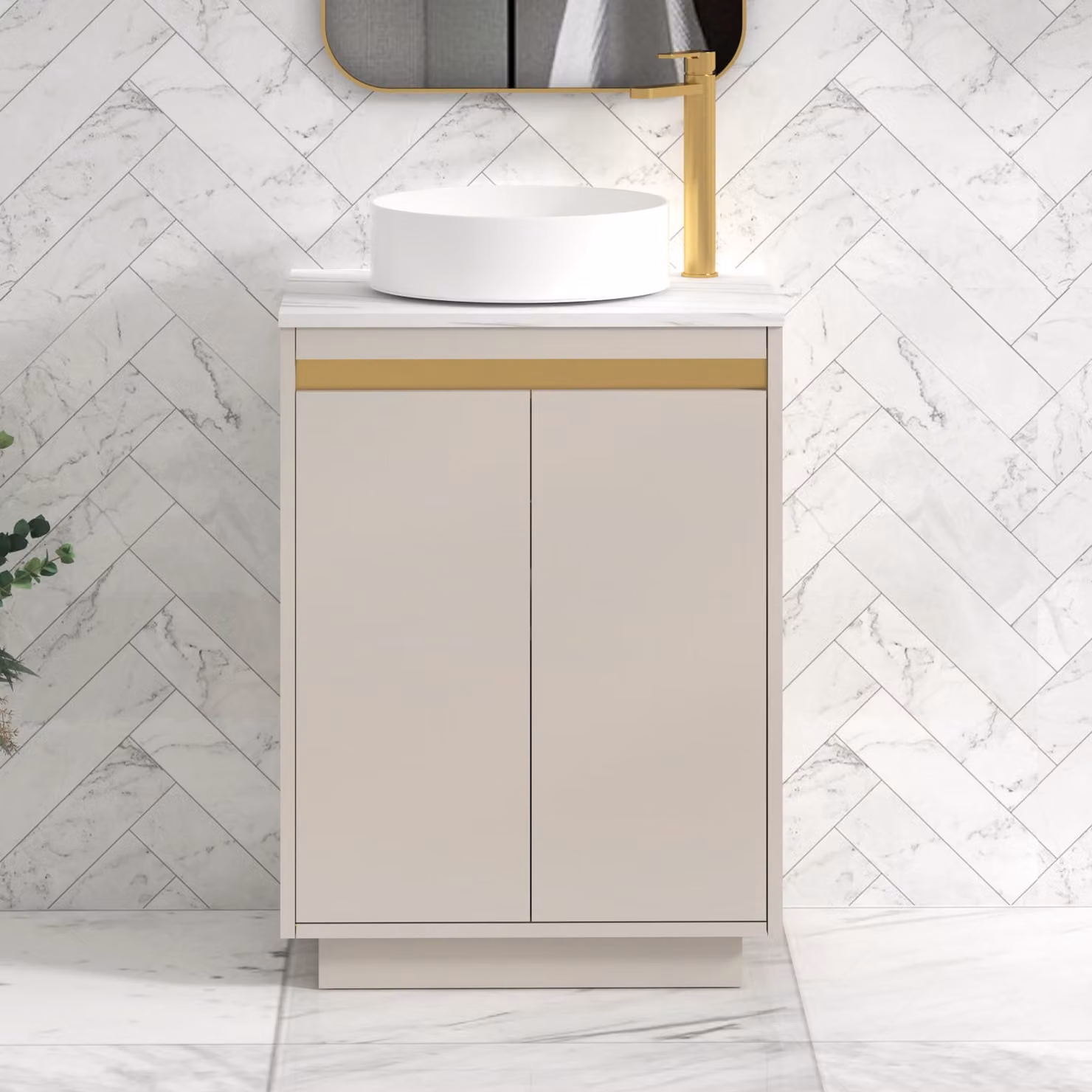 Royal Bathrooms Orion 800mm Warm Taupe Floor Standing 2 Door Vanity Unit with Carrara White Undrilled Worktop and Brushed Brass Accent Trim