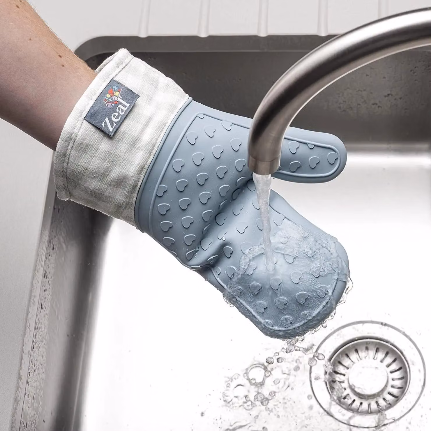Zeal Silicone Steam Stop Single Oven Glove in Duck Egg Blue Gingham, Length: 29 cm – 3