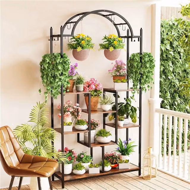 Ventryn 5-Tier Vintage Metal and MDF Plant Stand Shelf with Hanging Hooks in Brown
