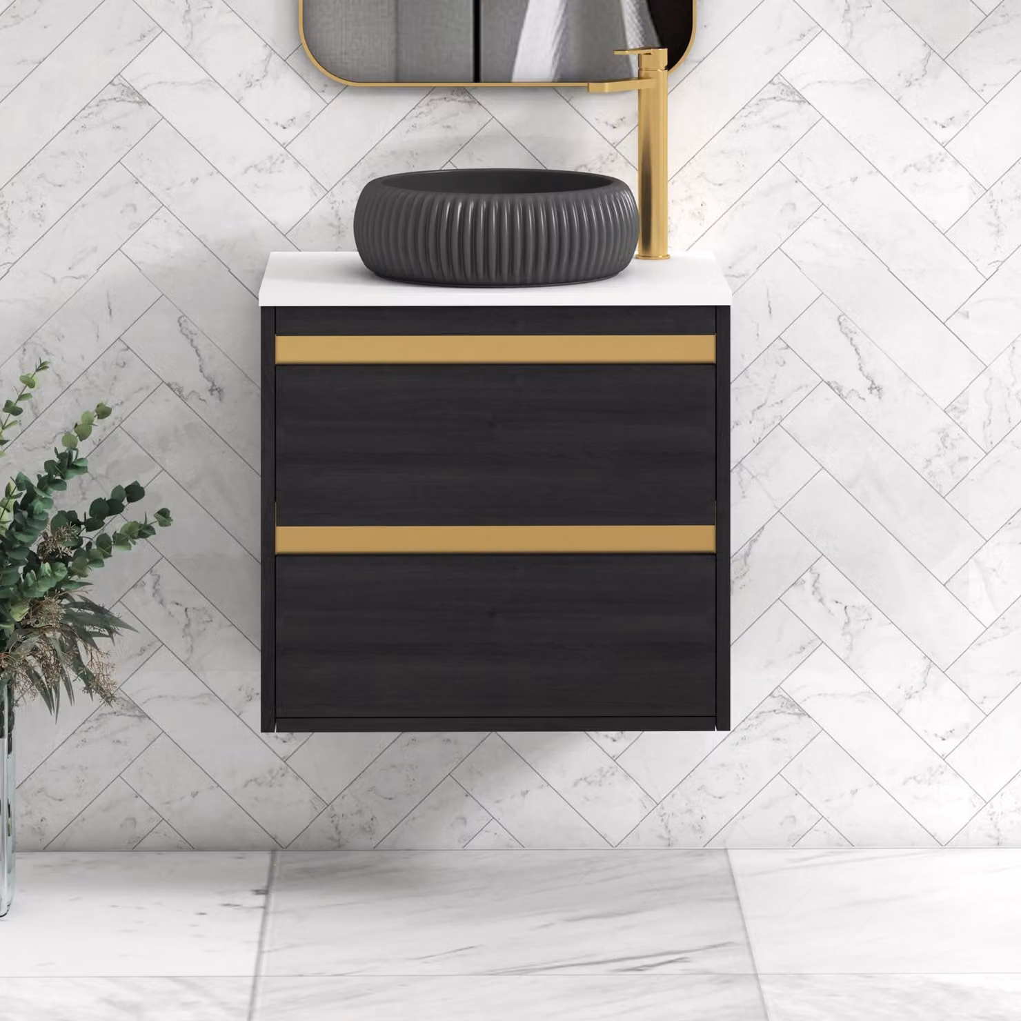 Royal Bathrooms Orion 600mm Hale Wall Hung Vanity Unit with Milan Black Basin and Brushed Brass Trim, Plain White and Black