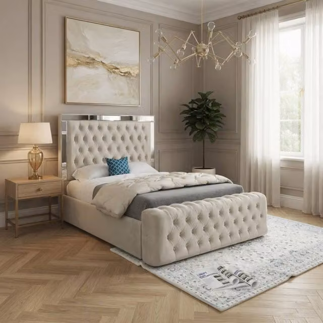 KDMD Redesdale Mirror Upholstered Designer Bed Frame in Beige Velvet, W/D/H: 137 x 128 x 200 cm – 1
