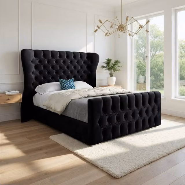 KDMD Skegness Double Upholstered Designer Bed Frame in Black Soft Velvet, W/D/H: 140 x 200 cm – 1