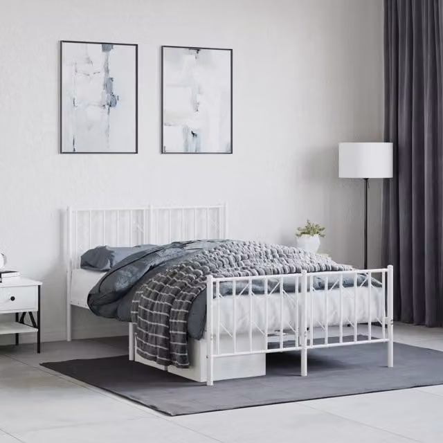 Berkfield Home Metal Bed Frame with Footboard, White, W: 120 cm, L: 190 cm