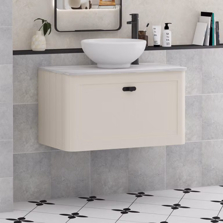 Royal Bathrooms Henley Wall Hung Vanity Unit with Breeze Basin and Matt Black Knob, Mushroom Cashmere, Width: 80 cm