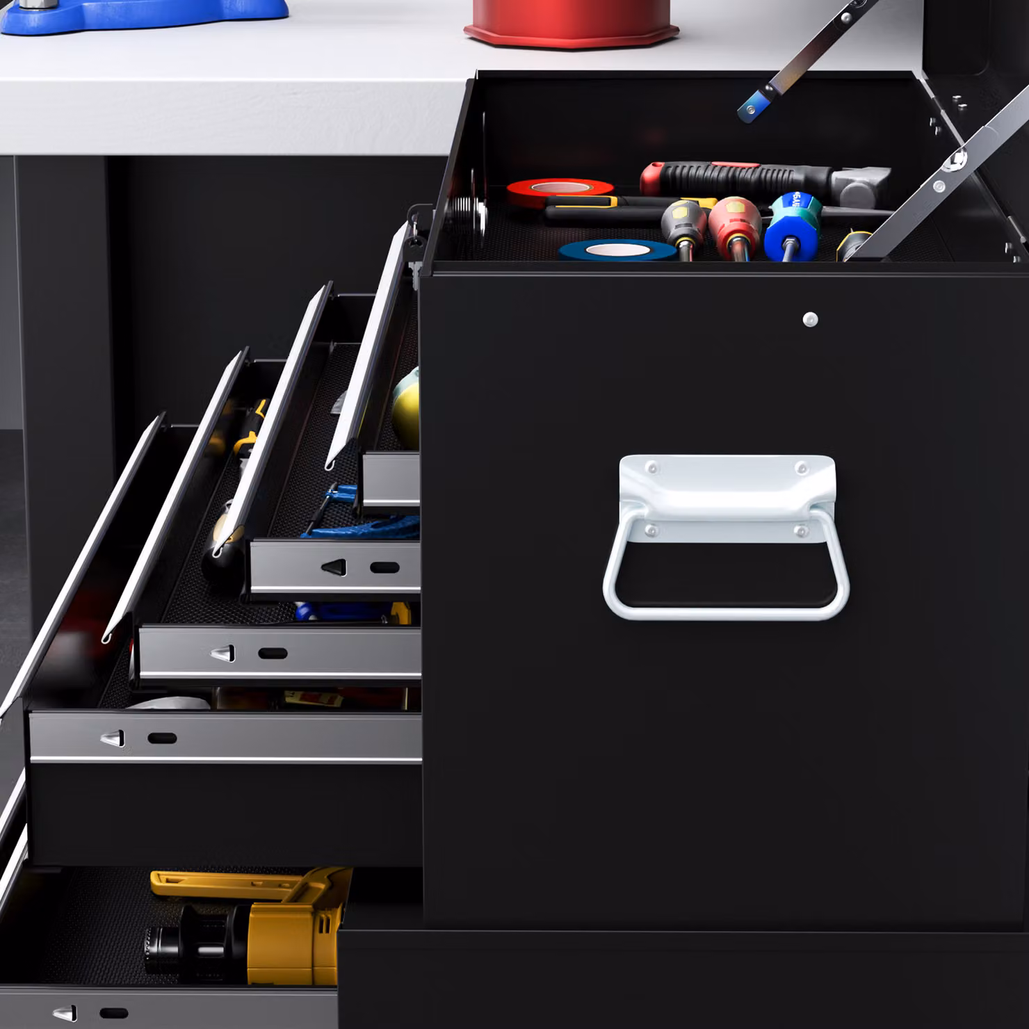 HOMCOM Portable Metal Tool Storage Box with 6 Drawers and 1 Bottom Cabinet, Lockable Rolling Tool Chest, Black – 9