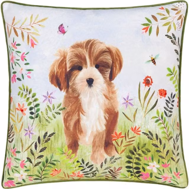 Evans Lichfield Daisy Hill Charlie Floral Printed Cushion in Green and Multicolour, W/D/H: 45 x 45 x 45 cm