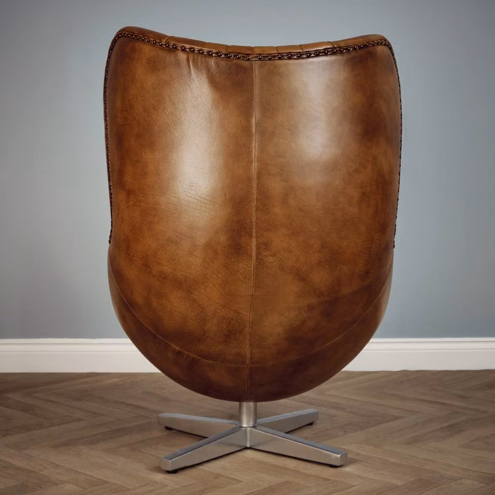 Elm Home And Garden Brown and Tan Genuine Leather Swivel Egg Aviator Wing Accent Arm Chair with Metal Frame – 2