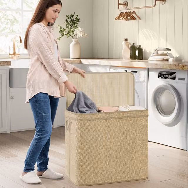 SONGMICS 3-Section Laundry Hamper and Bamboo Clothes Organiser, Yellow