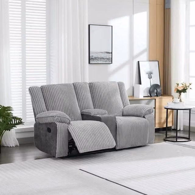 More4Homes Verona 2 Seater Manual Recliner Sofa with Drinks Console, Grey Jumbo Cord