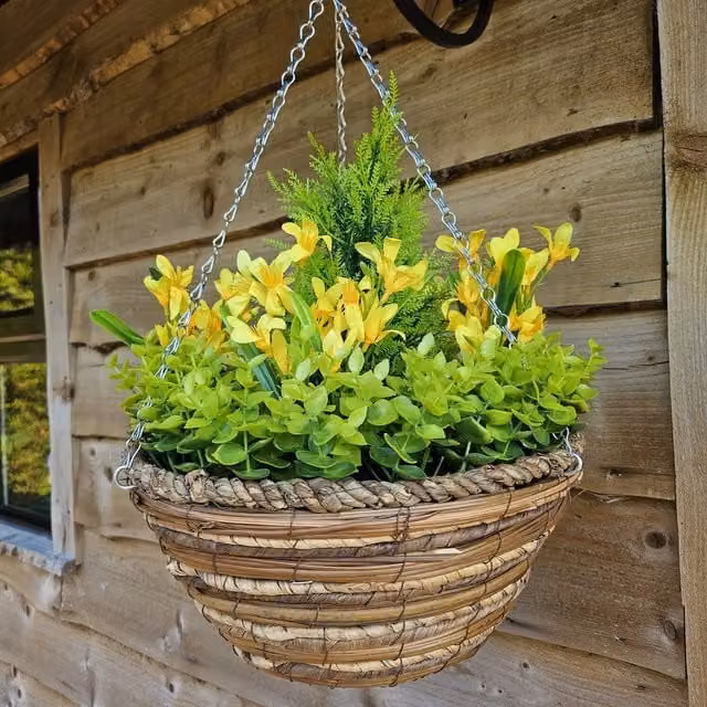 Best Artificial Yellow and Green Mini Daffodil Hanging Garden Basket with Rattan Round Design