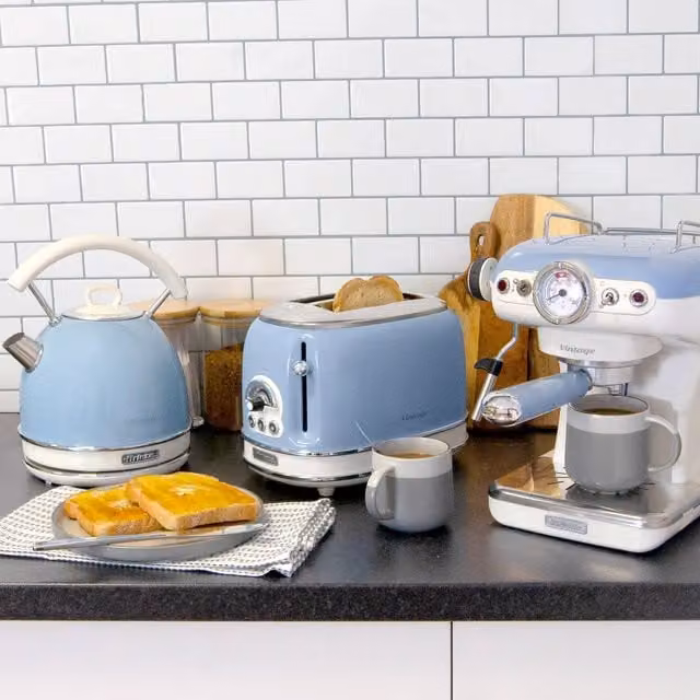 Ariete Vintage Blue 1.7L Dome Kettle, 2 Slice Toaster and Espresso Coffee Machine Set – 1